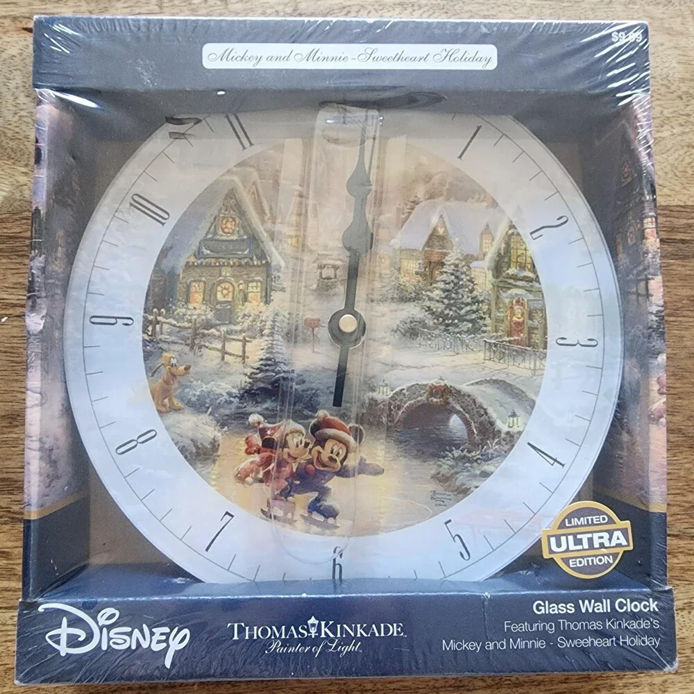 Disney Thomas Kinkade Mickey Minnie Sweetheart Holiday Glass Wall Clock Limited